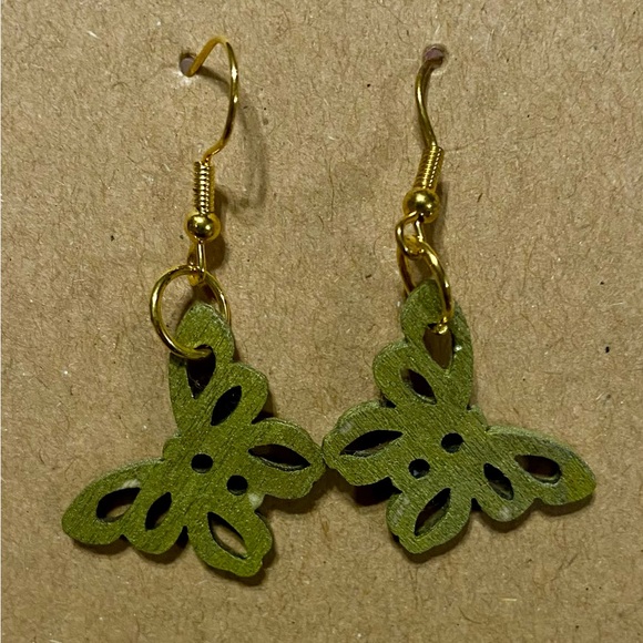 Green Dangling Wooden Butterfly Earrings - Picture 1 of 1